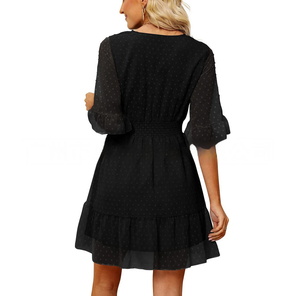 Women's New Solid Color Chiffon Jacquard Bell Sleeve Smocking Elastic Waist Dress
