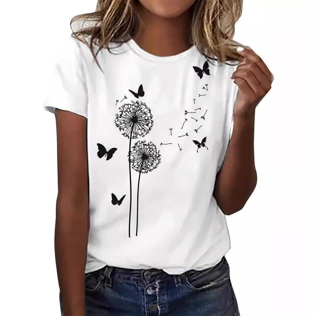 Women's Round Neck T-shirt 3d Dandelion Pattern Digital Printing Women's Clothing