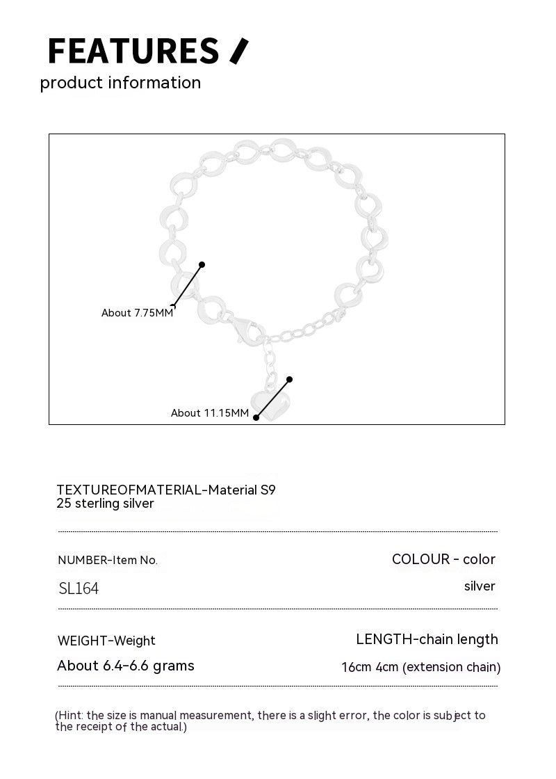 INS Niche Silver Buckle Sterling Silver S925 Heart Bracelet