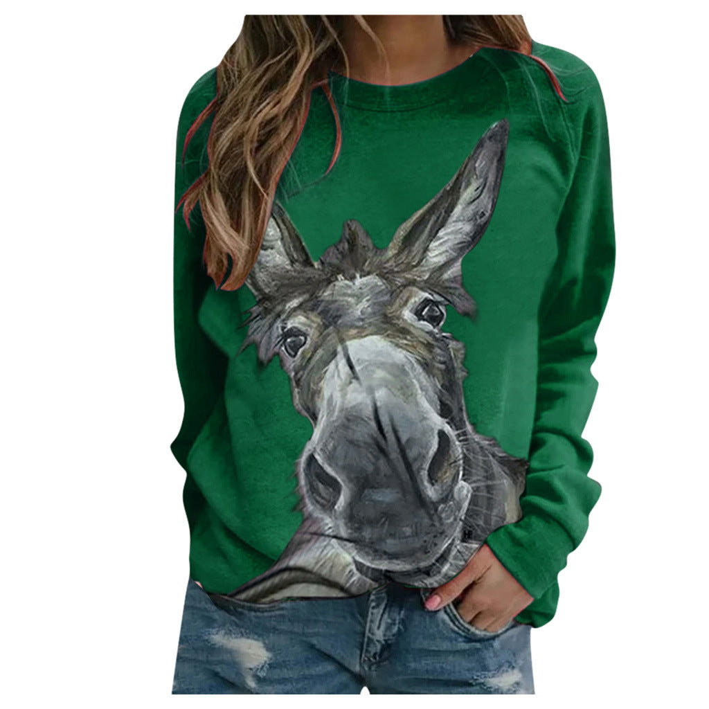 Loose Round Neck Donkey Head Floral Print Long Sleeve Pullover