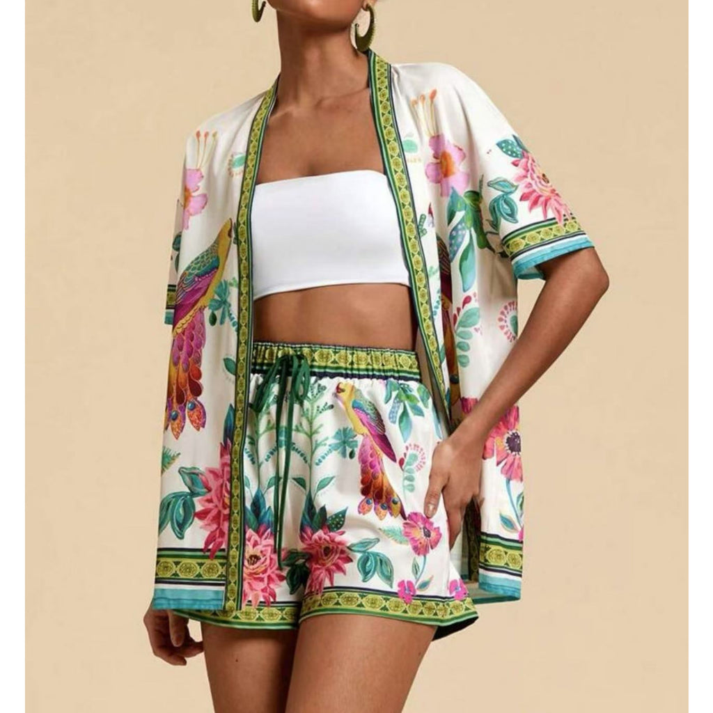Fashion Casual Printing Cardigan Short Sleeve Shorts Suit