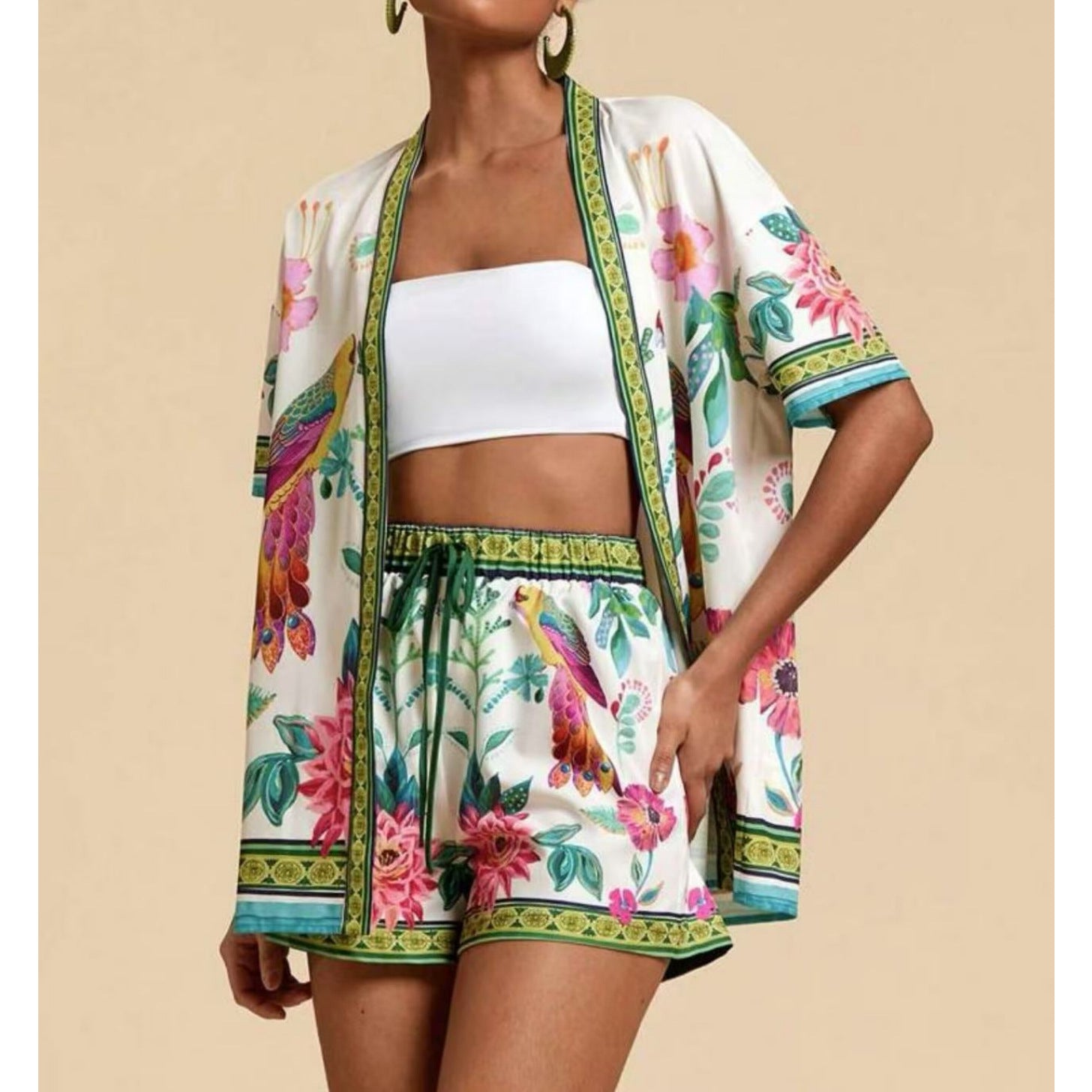 Fashion Casual Printing Cardigan Short Sleeve Shorts Suit