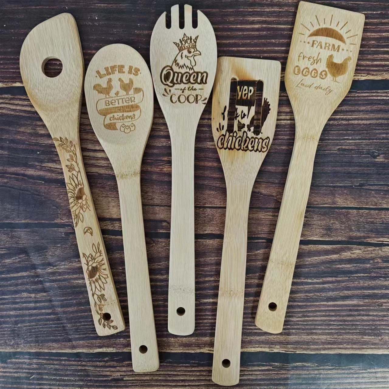 Bamboo Shovel Laser Engraving Pattern Halloween Christmas Bamboo Shovel Cooking Suit Five-piece Set