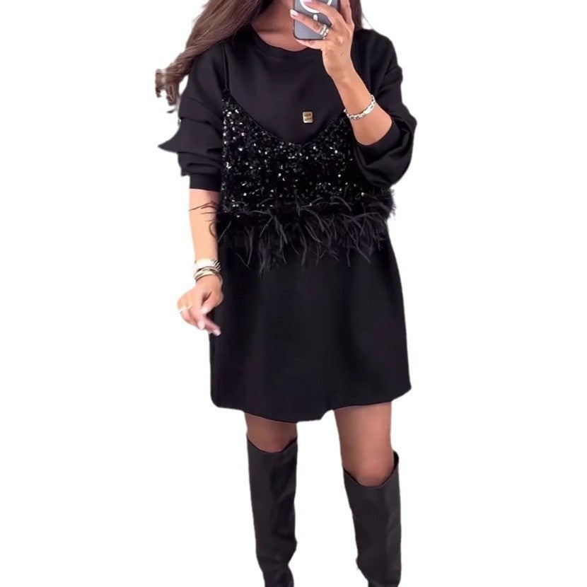 Round Neck Sequins Stitching Feather Dress Women's Clothing