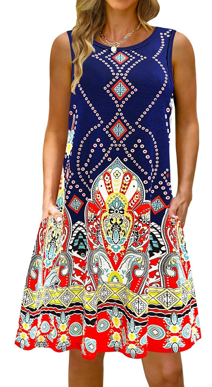 Printed Vest Pocket Dress Women