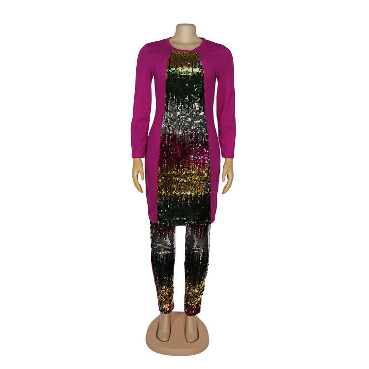 High Elastic Colorful Sequin Cotton And Linen Women's Pants Suit