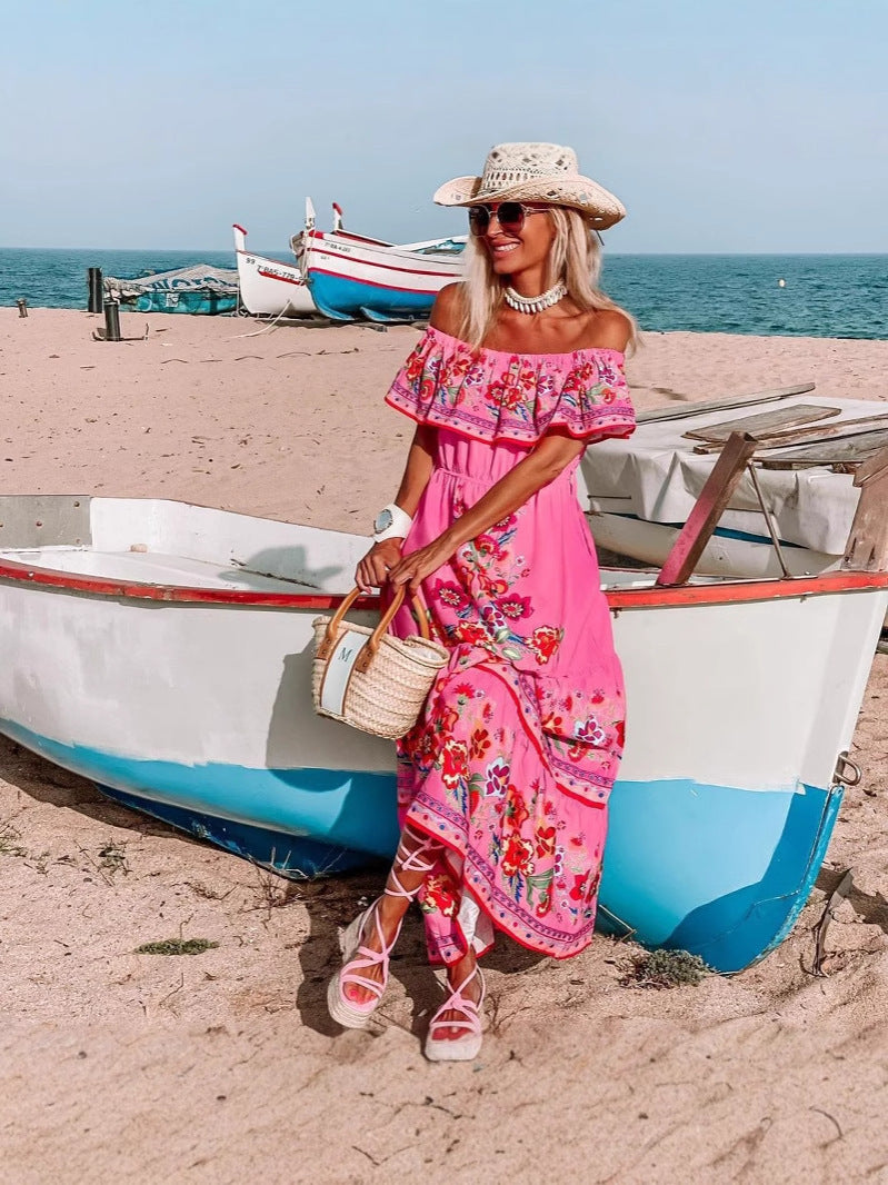 Women's Fashion Off-shoulder Red Flower Print Dress