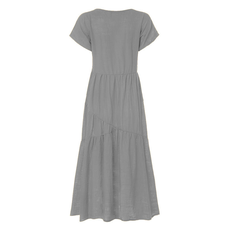 Plus Size Multicolor Cotton Linen Loose V-neck Women's Dress