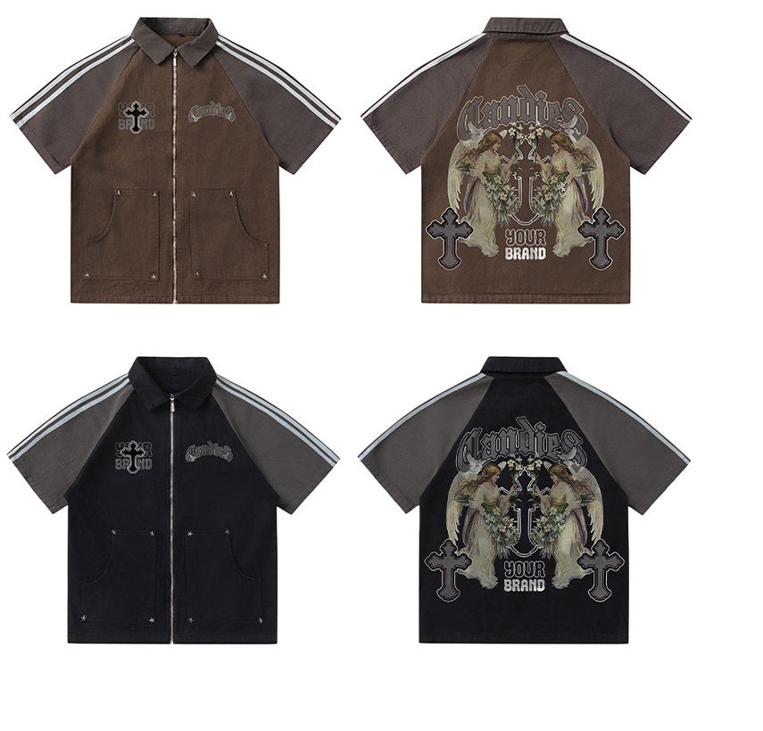 American Retro Embroidery Bars Stitching Raglan Short Sleeve Jacket Men