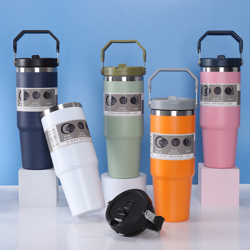 Stainless Steel Travel Cup Double Drinking Straw Cold Insulation Cup