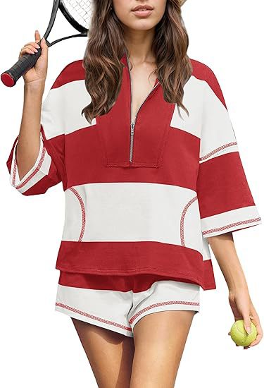 Women's Striped Half Sleeve Oversized Lining Shorts Casual Sportswear Two-piece Set