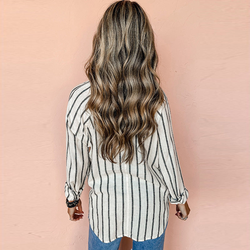 European And American Commuters' Polo Collar Stripes Shirt For Women