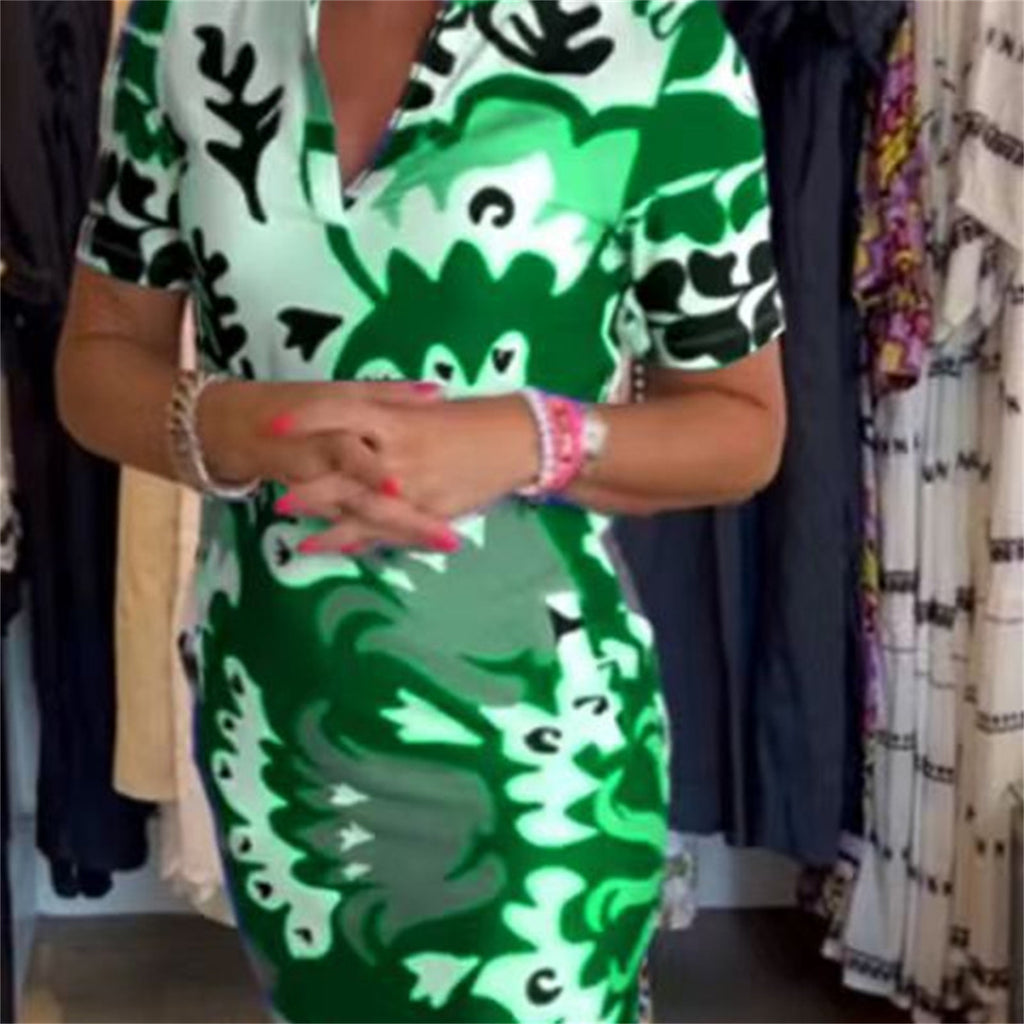 Women's Graceful And Fashionable Short Sleeve Printed V-neck Dress