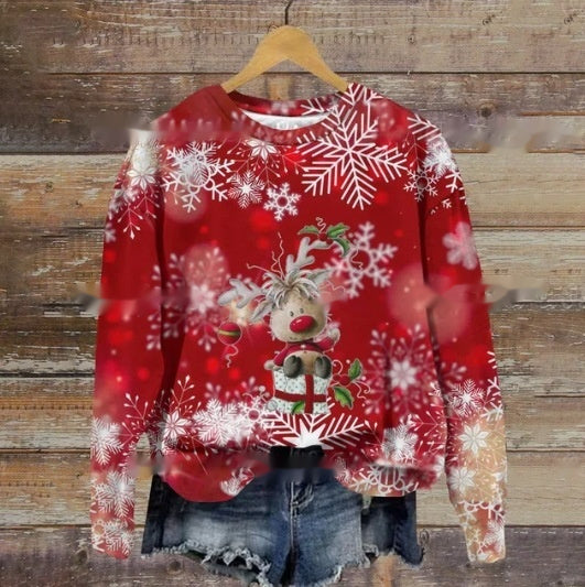 Autumn And Winter Ladies Funny Print Christmas Holiday Casual Round Neck Sweater