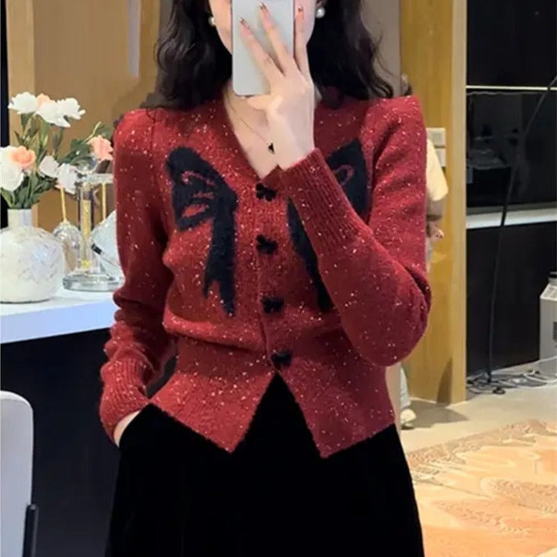 V-neck Bowknot Knitted Sweater Long Sleeve Sweater
