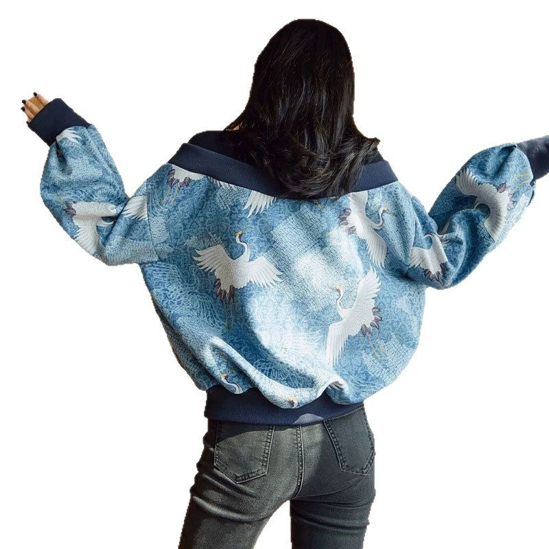 Women's Fashion Stitching Crane Print Sweater