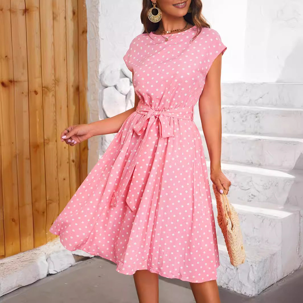 Women's Short Sleeve Lace-up Polka Dots Pleated Dress