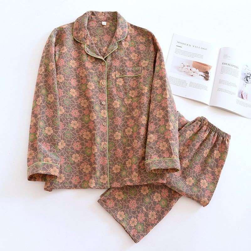 Retro Flower Home Wear Breathable Antique Mom Pajamas Long-sleeve Suit