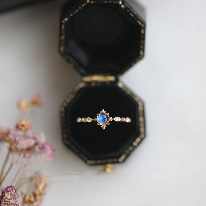 Ins Fashion Moonstone 925 Sterling Silver Gold Plated Women's Ring