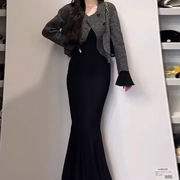 Step By Step Lotus Skirt Long Sleeve Fishtail Black Dress