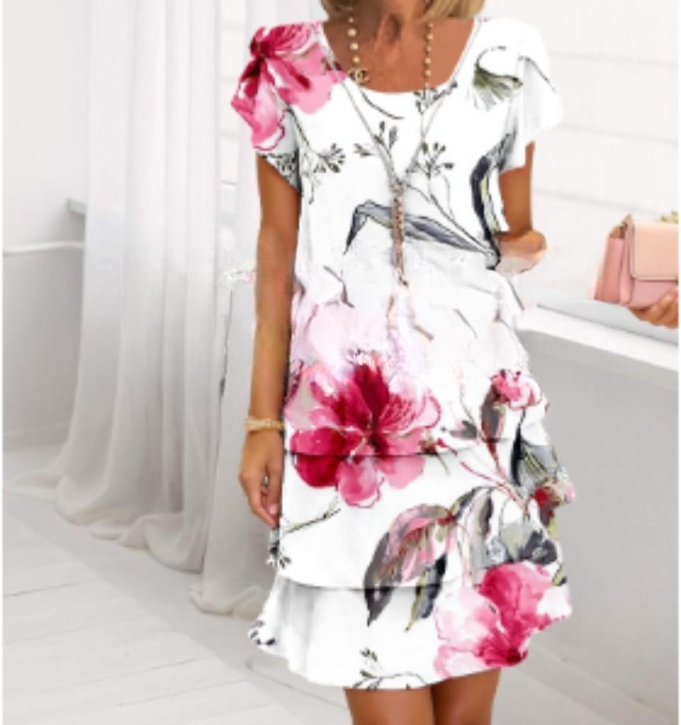 Women's Short-sleeved Round Neck 3D Printed Chiffon Dress