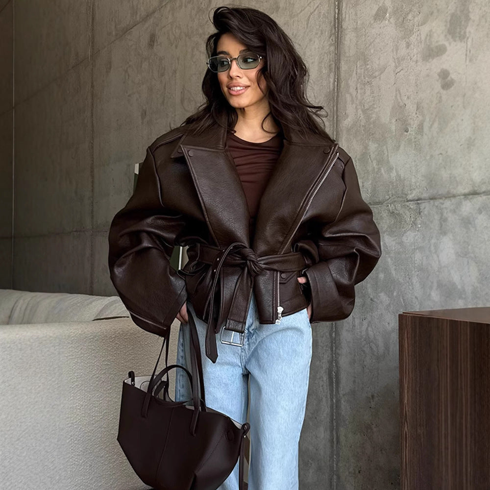 Lady Temperament Short Lace Up Leather Coat