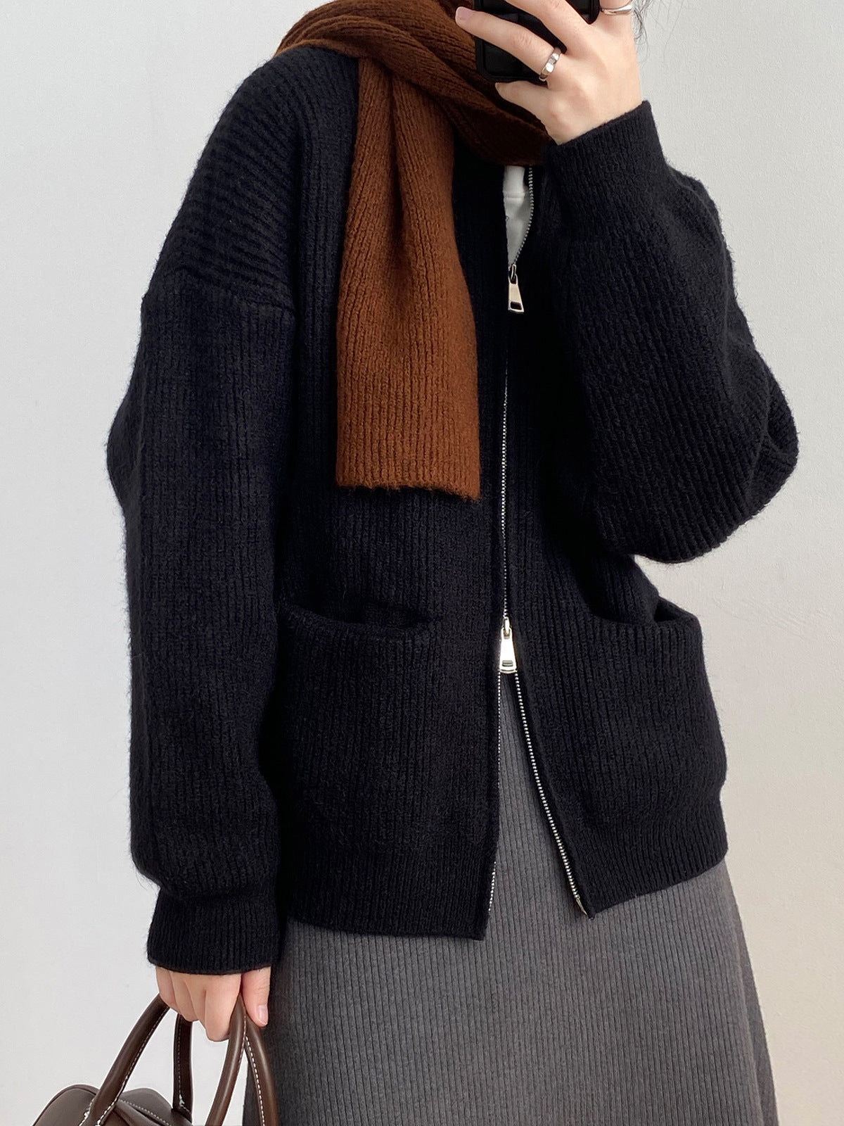 Autumn Solid Color Double Zipper Knitted Cardigan Women's Sweater