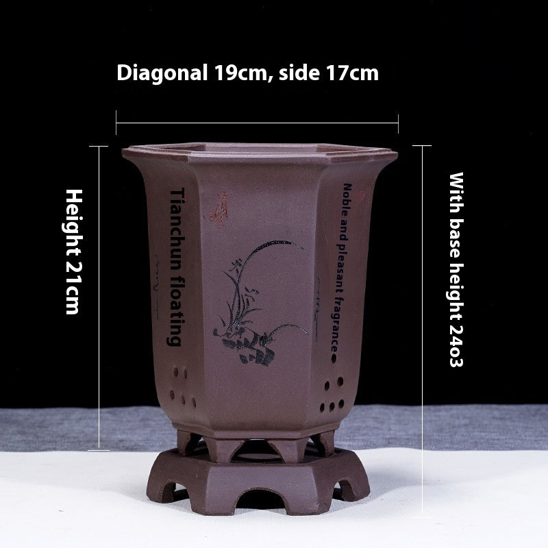 Fine Zisha Flowerpot Hand-carved Hexagonal