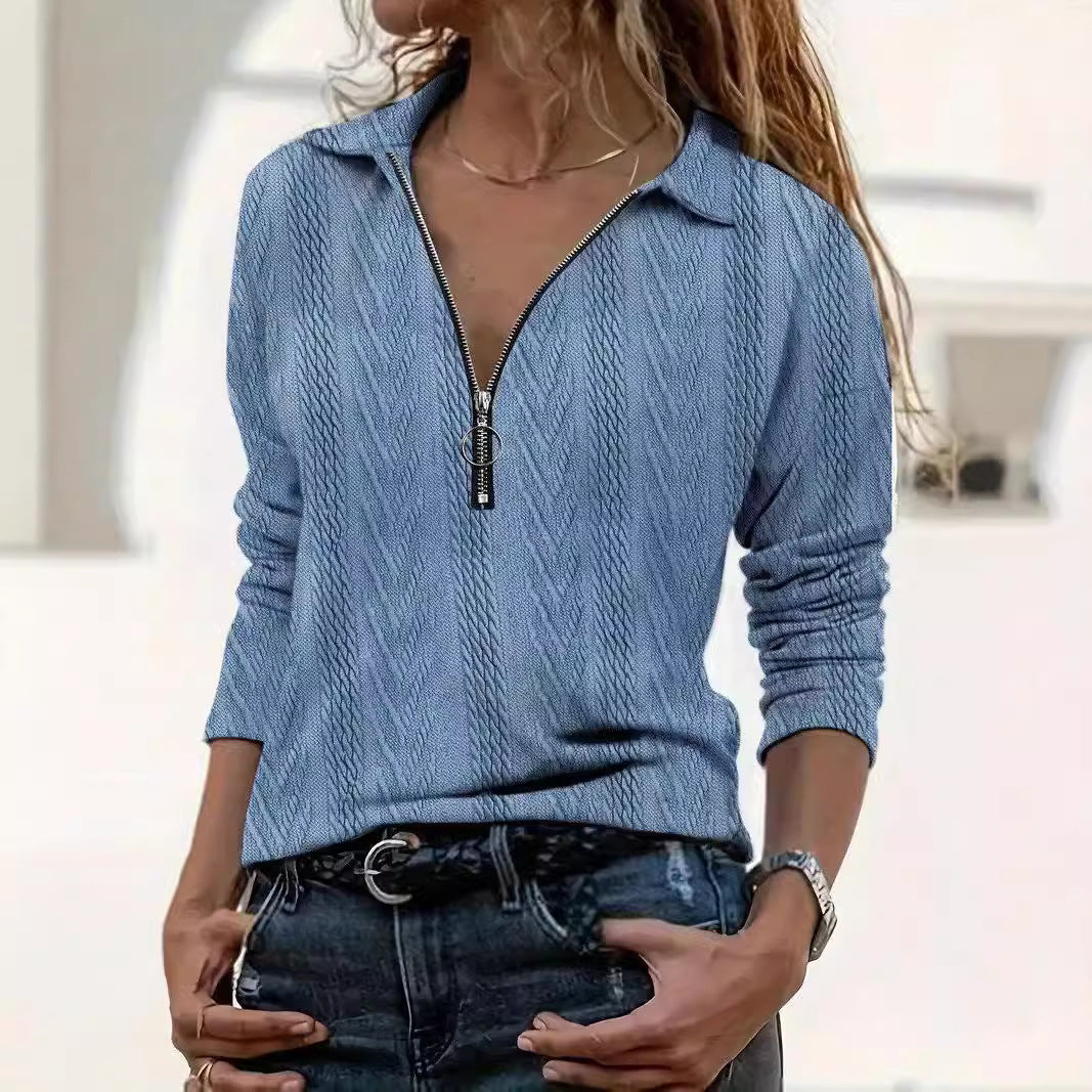 Lapel Solid Color Texture Series Zipper Women's Top