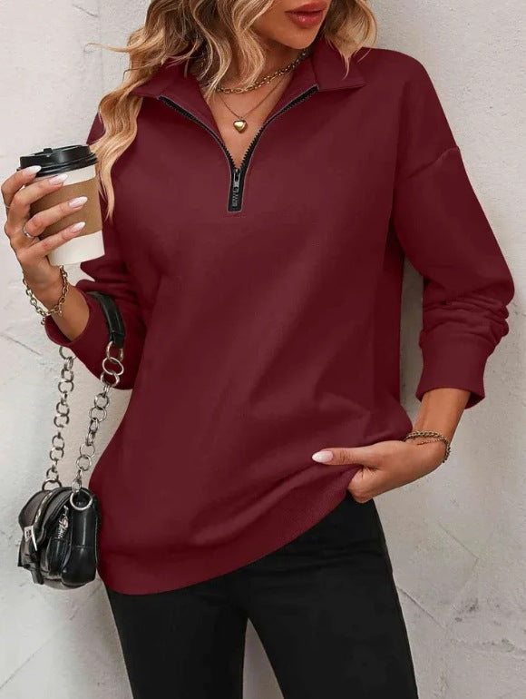 Women's Fashion Half Long-sleeve Zipper Sweatshirt Fashion Pullover