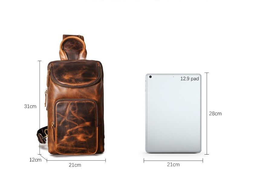 Top Layer Crazy Horse Skin Cowhide Men's Retro Chest Bag