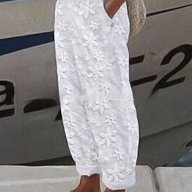 Women's Elegant Embroidery Cotton And Linen Casual Pants