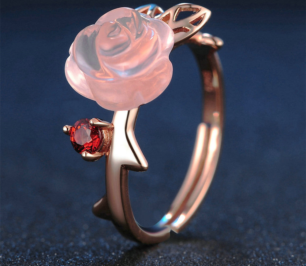 Handmade Hibiscus Stone Rose Flower  Female Ring Wholesale Jewelry