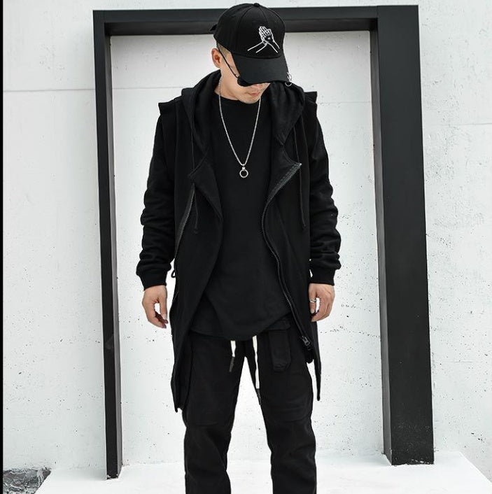 Dark Mid Length Windbreaker Men's Loose Hip Hop Cloak Sweater Hooded Coat