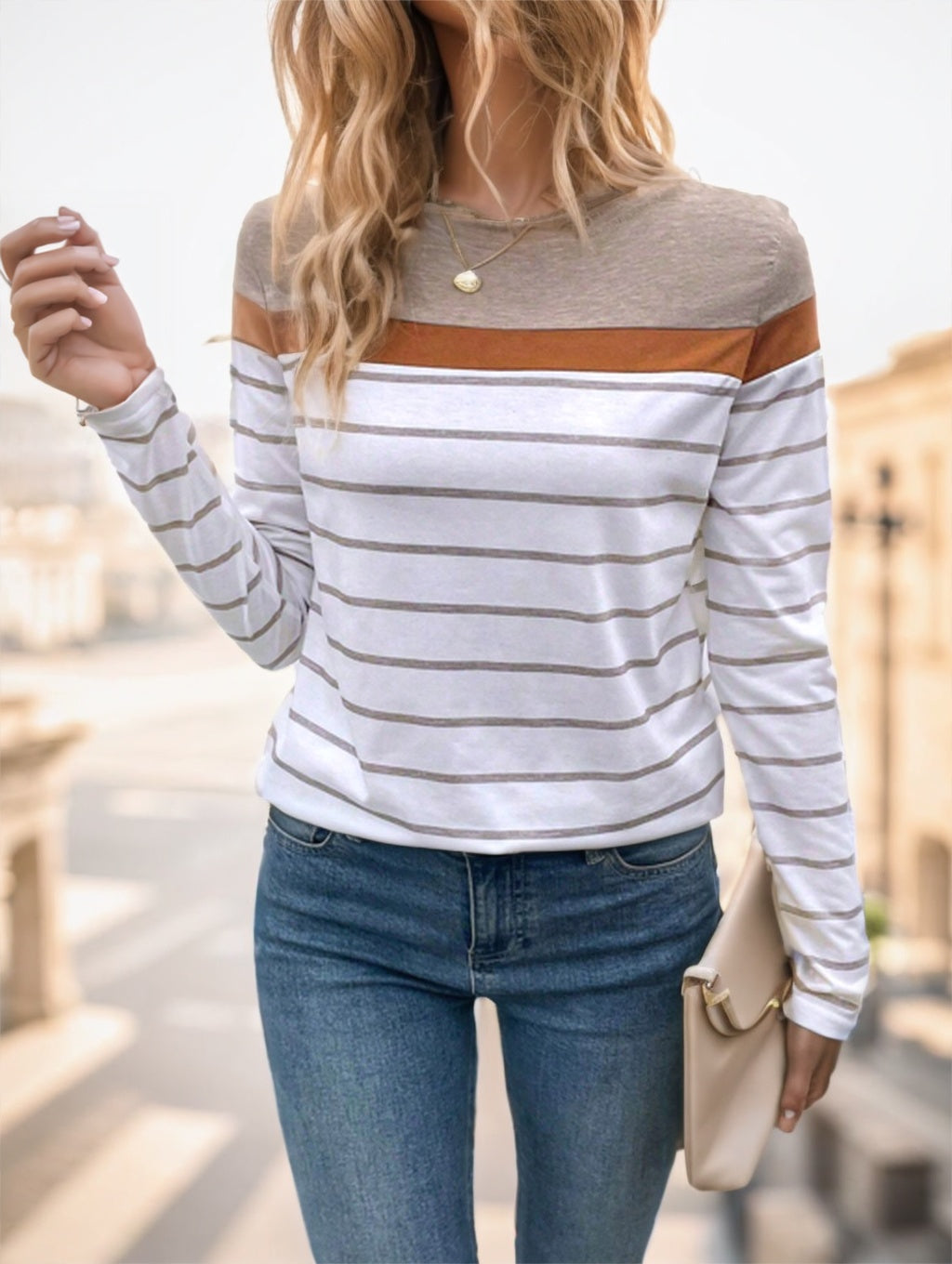 Women's Round Neck Striped Long Sleeve T-Shirt