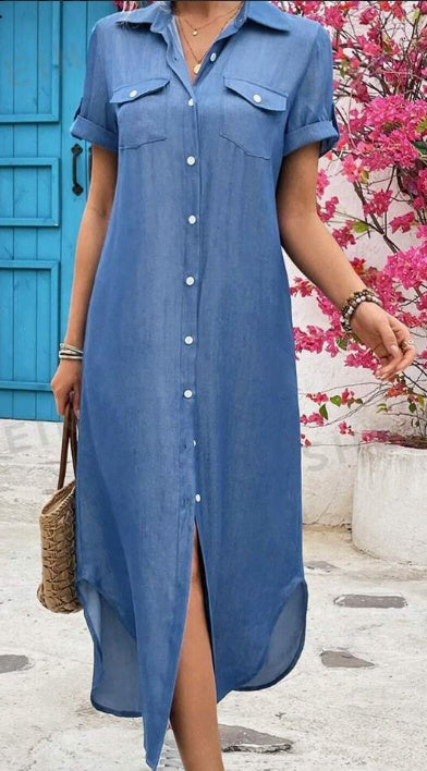 Women Summer Denim-Look Longline Shirt Dress