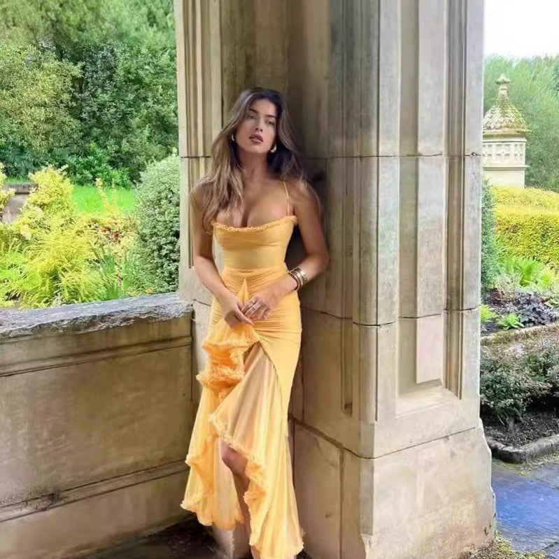 Quality Yellow Strap Lace Long Dress