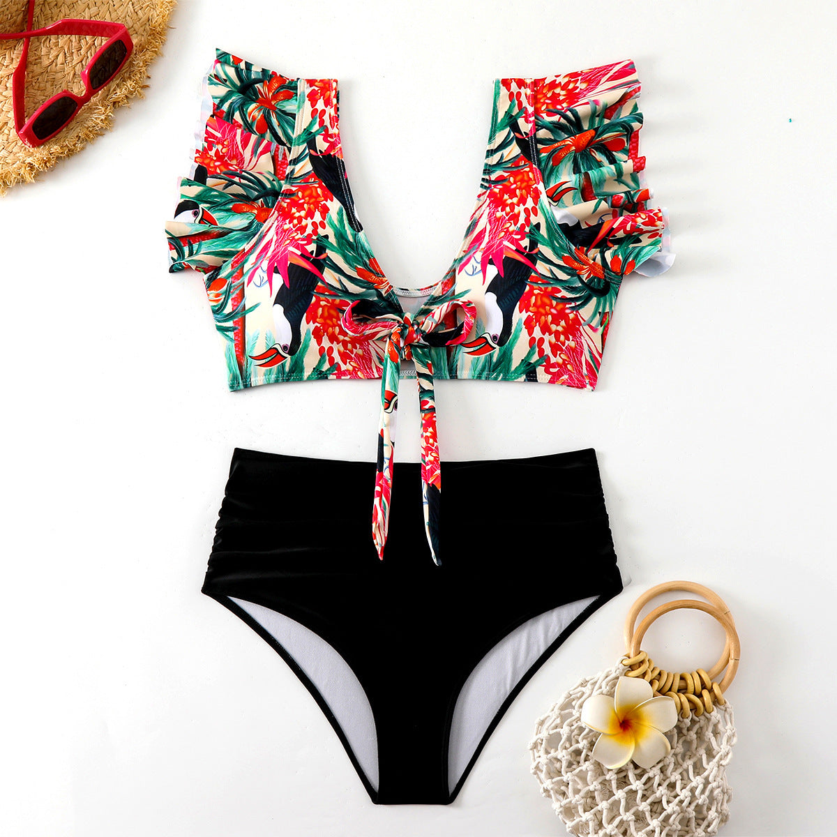 Flounced Split Swimsuit Bikini European And American Sexy High Waist