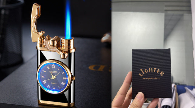 New Lighter With Electric Watch Rocker Arm Automatic Ignition Straight Blue Flame Lighter Creative Real Dial Inflatable Windproof Lighter Men's Watch Gift