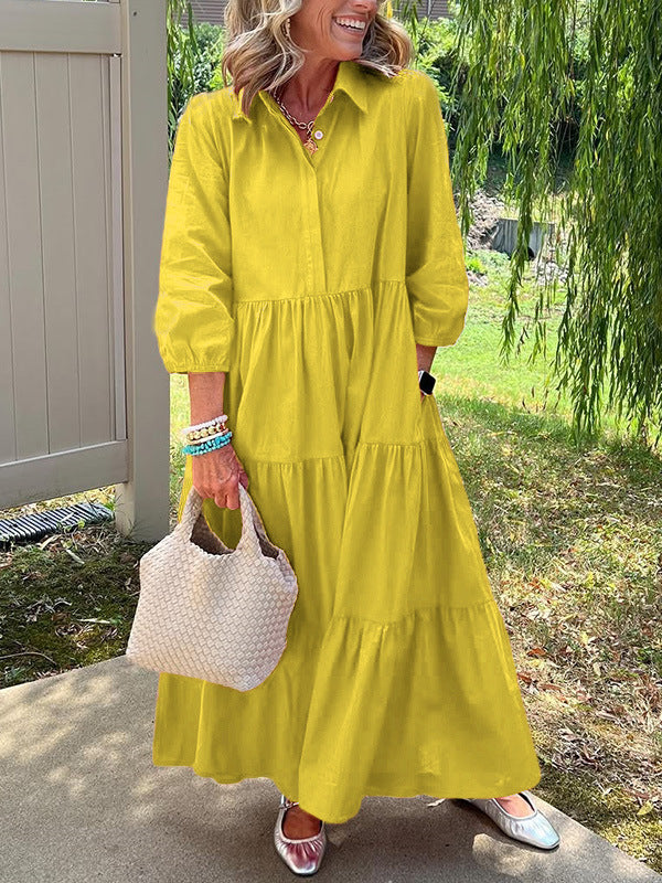 Casual Loose Lapels Mid-sleeve Large Swing Dress