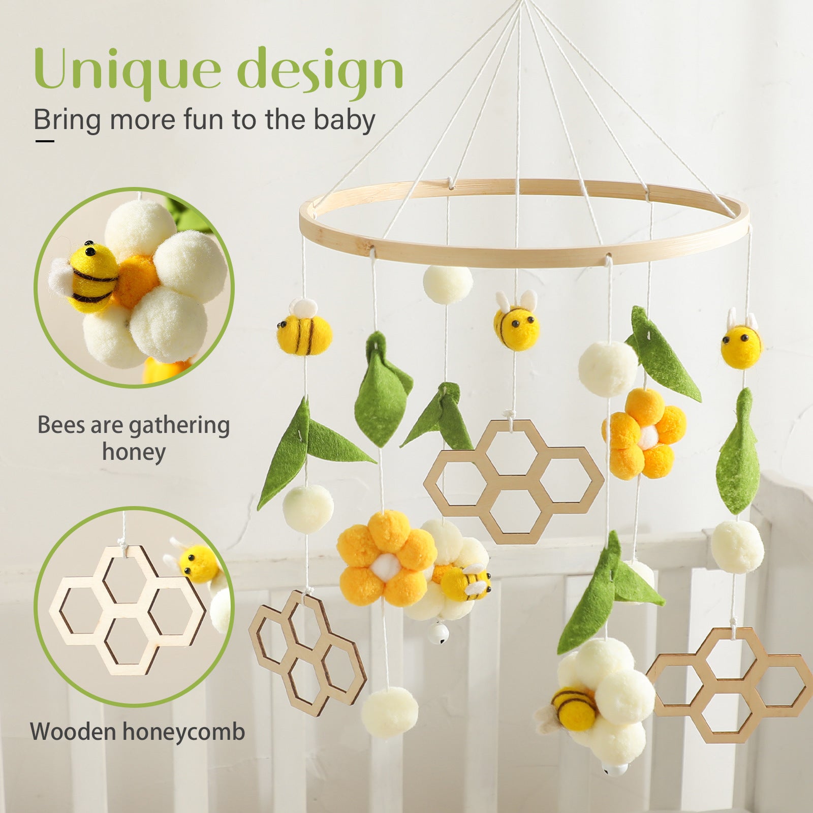 Bee Flower Bed Bell Stroller Bed Toy Newborn Baby Rattle Hanging Honeycomb Soothing Wind Chimes