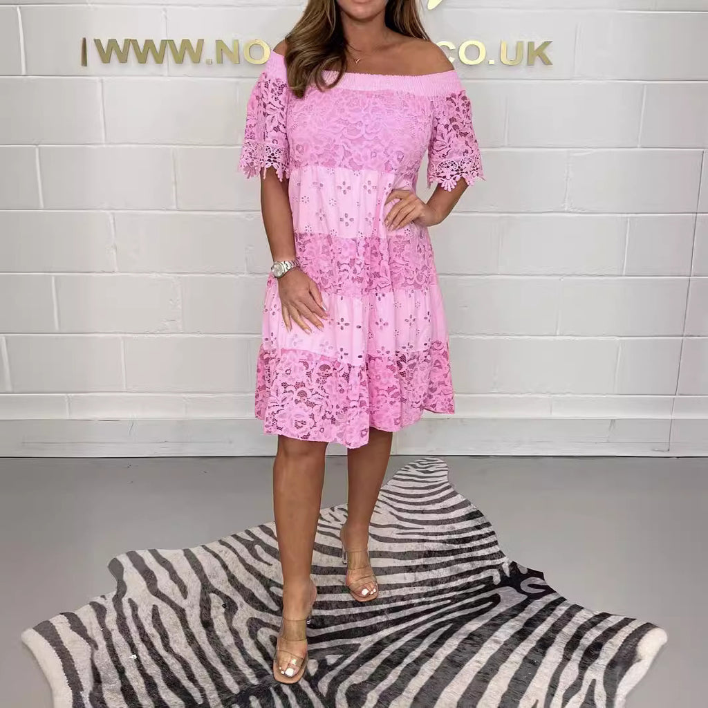 Lace Stitching Smocking Off-shoulder Short Sleeve Loose Dress