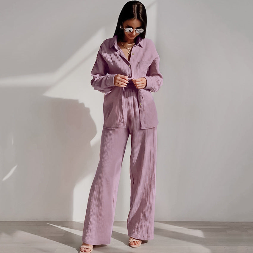 Shirt Crepe Cotton Pajamas Can Be Outer Wear Trousers Loose Two-piece Suit