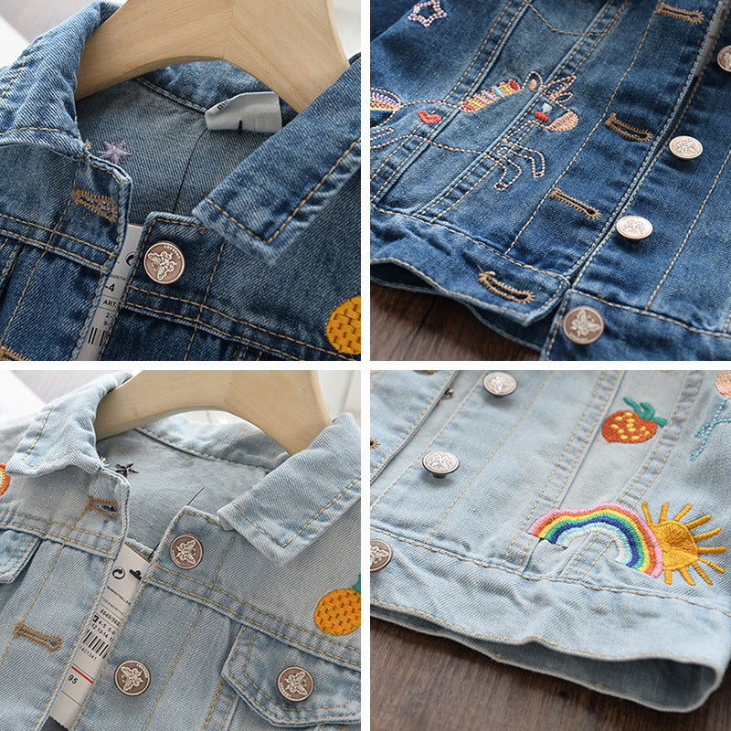 Children's Graffiti Embroidered Lapel Short Denim Jacket