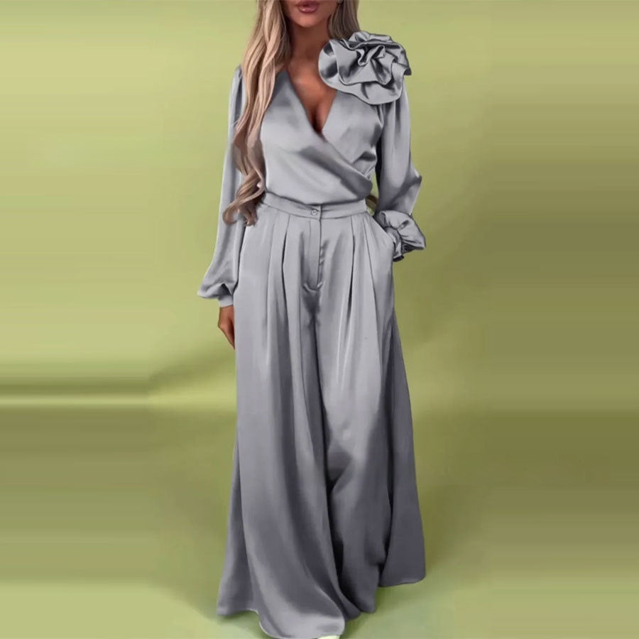 Women's Luxury Elegant V-neck Satin Long Sleeve Top Wide Leg Pants Suit