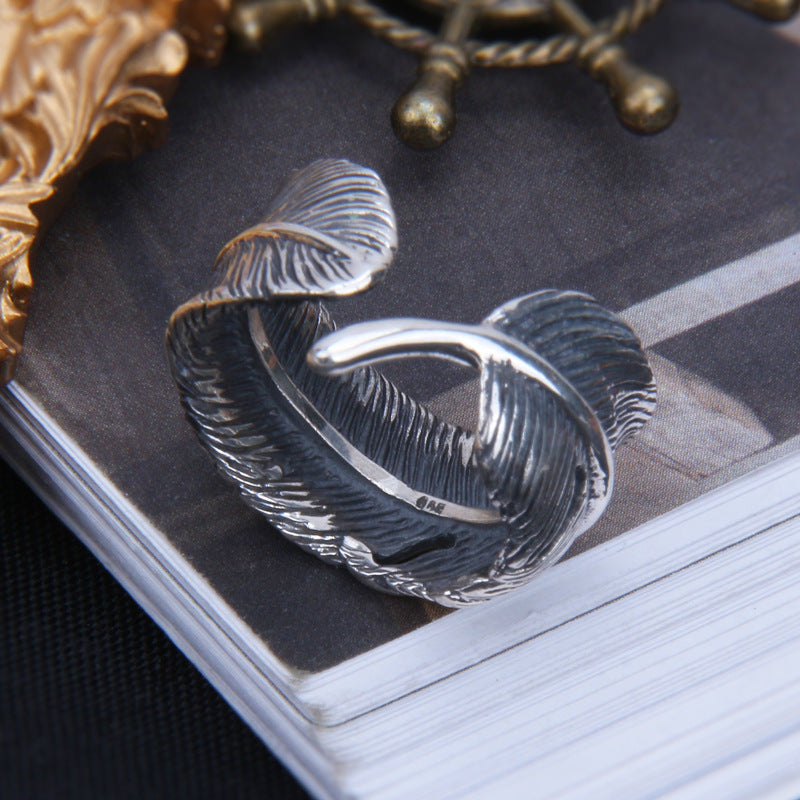 S925 Sterling Silver Feather Ring Creative Personality