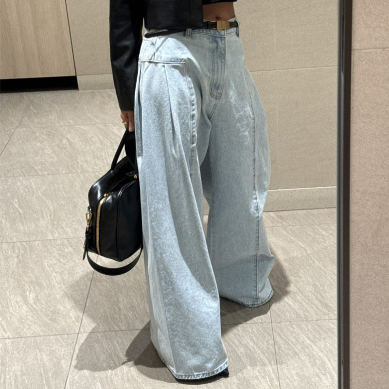 Women's Korean-style Temperament High Waist Pleated Stitching Wide-leg Jeans