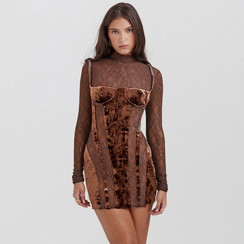 Slim Fit Diamondmax Velvet Lace Hollow Long Sleeve Dress
