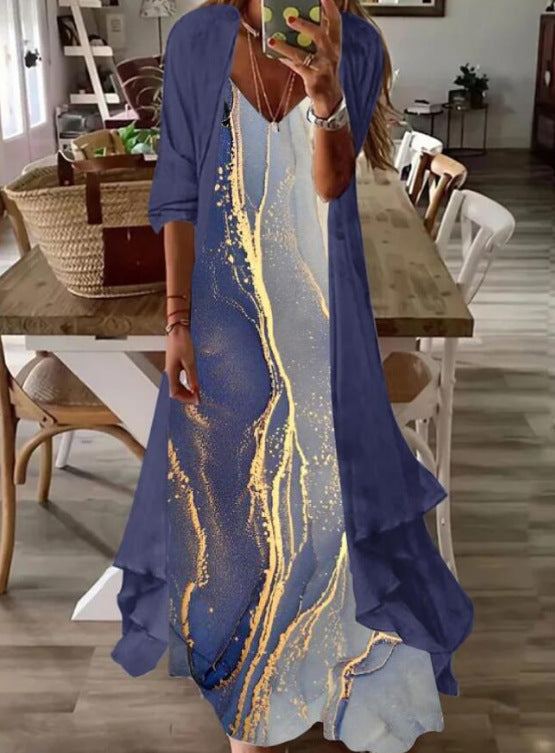 Two Piece Set Of Half Sleeved Printed Casual Retro Sexy Dress