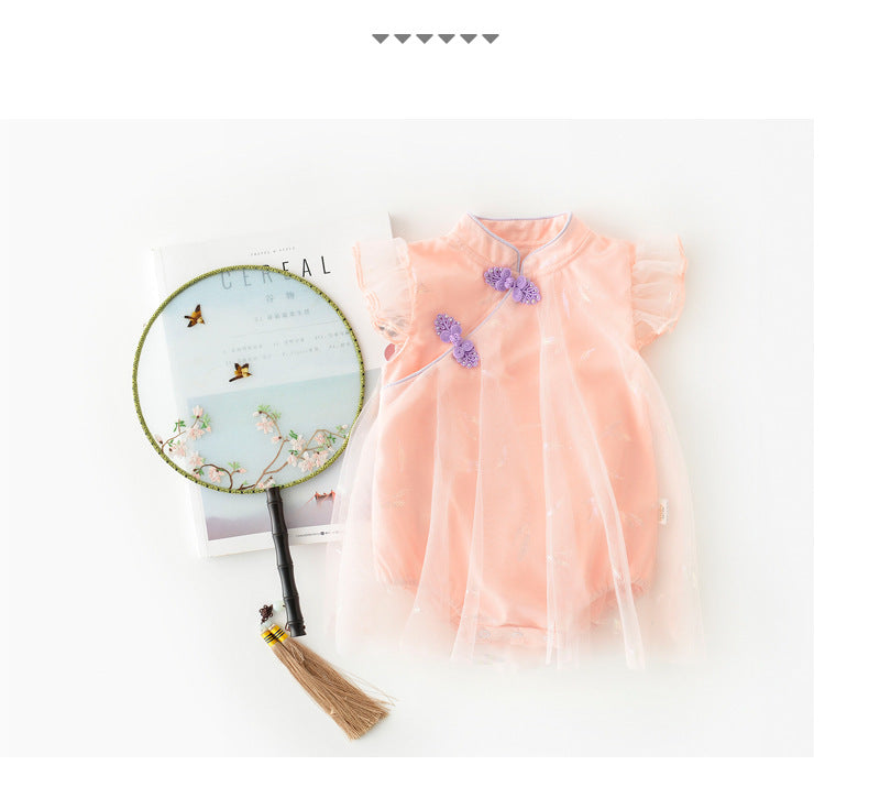 Baby Girl's Antique Style Buckle Mesh Feather Triangle Rompers Infant Onesie Dress